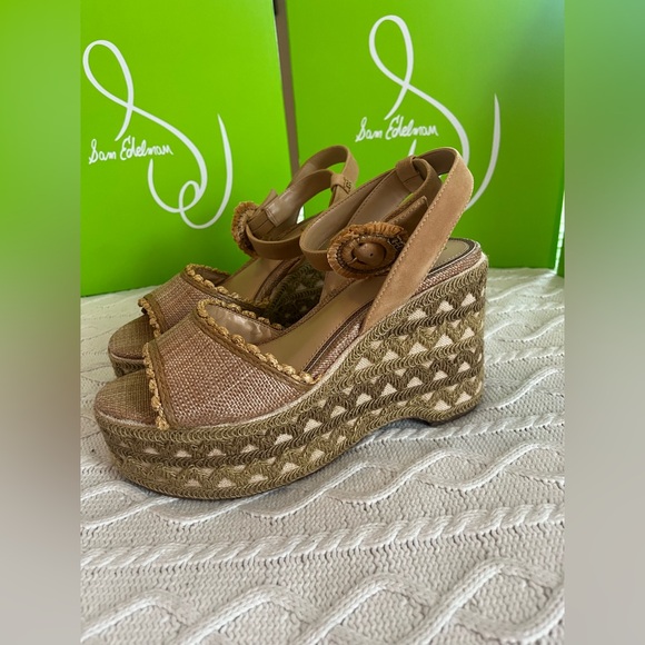Sam Edelman Stylish Tan Embroidered Wedge Sandals Designer Various Sizes - Picture 16 of 16